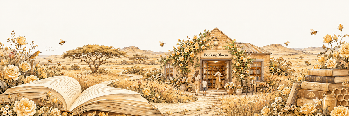 A storybook scene inspired by Books at Bloem: a welcoming bookshop, roses, open books, honeybees and a Free State landscape