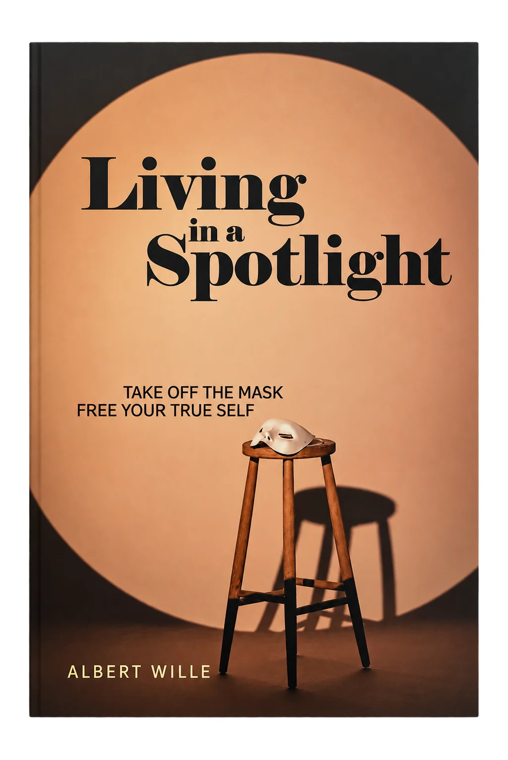 Living in a Spotlight by Albert Wille — front cover with a mask on a wooden stool